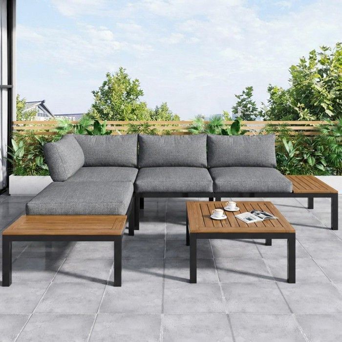 LANGTU 5-Piece Garden Furniture Set - Solid Acacia Wood - Galvanized Steel Frame - Removable Grey Cushions