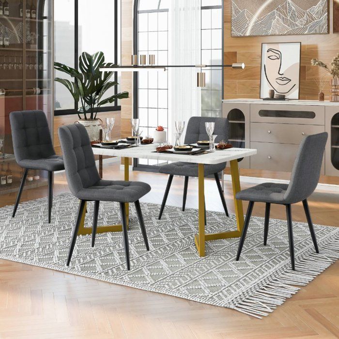 Mesa de comedor con 4 sillas, conjunto moderno de mesa y sillas para cocina/sala de estar, sillas de lino gris oscuro, patas de mesa doradas