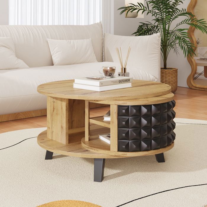 Maisentil salontafel met dubbel draaibaar blad in natuurlijke houtlook, verborgen opbergruimte en een strak, modern design.