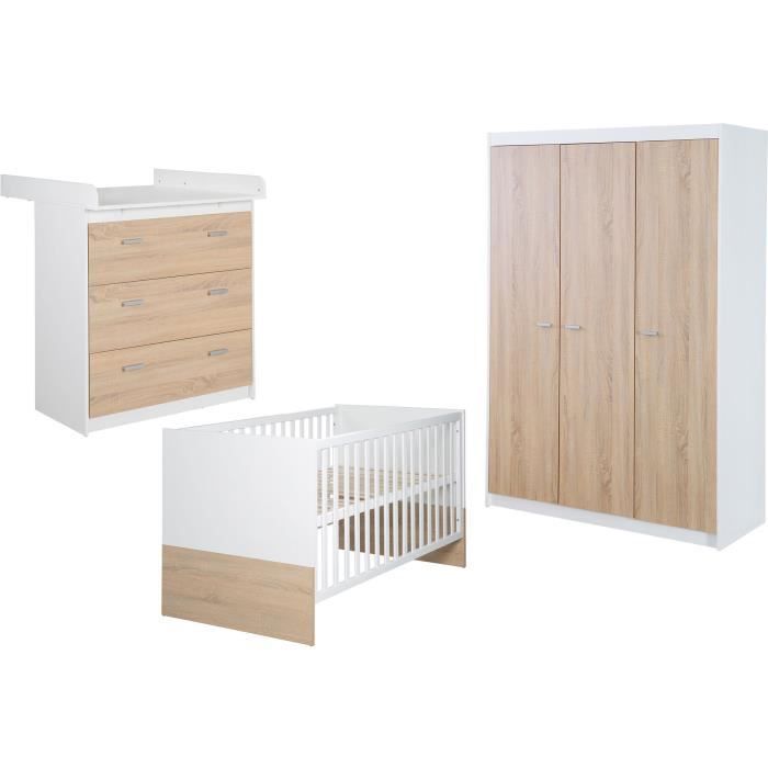 Conjunto completo de dormitorio infantil: cuna convertible de 70 x 140 cm + cambiador + armario de 3 puertas - ROBA - Acabado bicolor blanco/roble claro