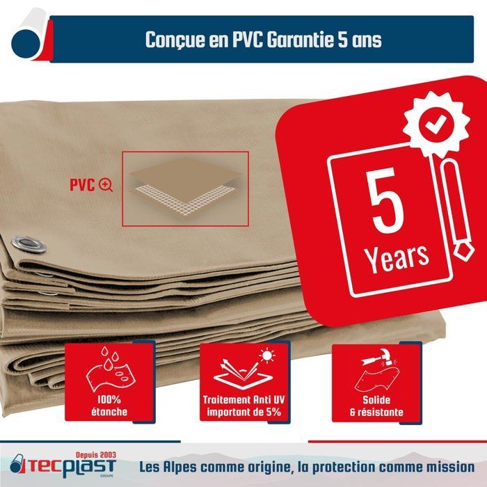 TECPLAST Carport Tarpaulin 2.5x3 m LP506CP Dark Beige - 5-Year Warranty - Waterproof PVC Tarpaulin for Car Shelter