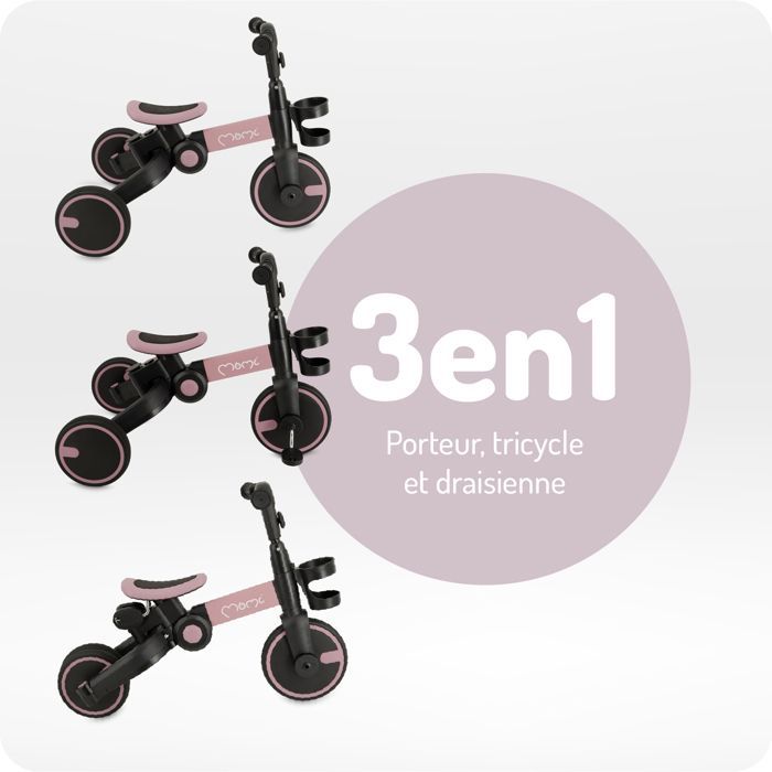 3-in-1 Tricycle - MoMi FILO - Folds without tools - 2 seat heights - From 18 months - Pink