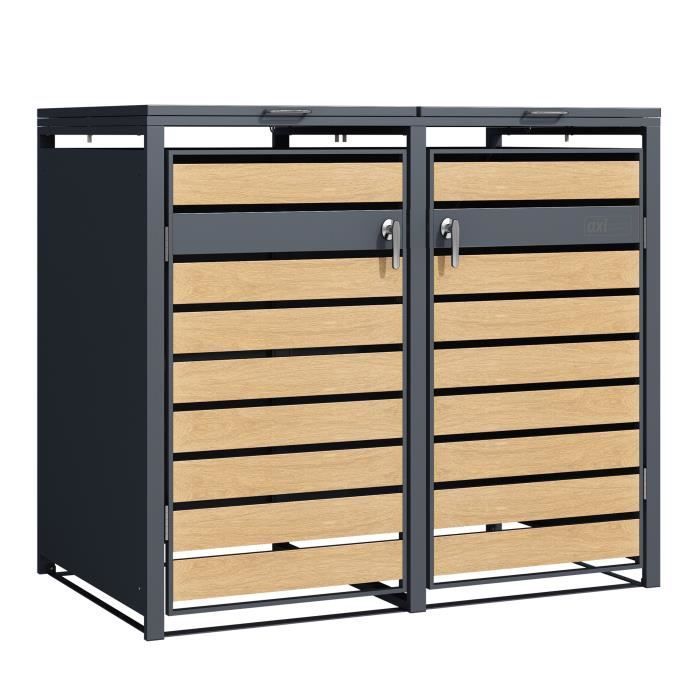 Cache Poubelle Métallique Anthracite/Aspect Bois - AXI Lucas - Abri pour 2 conteneurs - Max. 240L