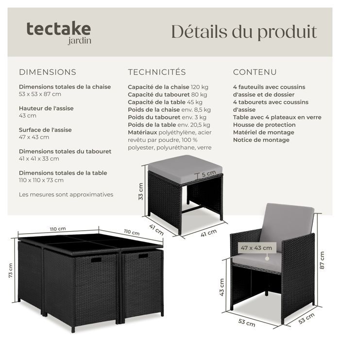 Mobili da giardino - TECTAKE - Set da pranzo per esterni BILABO per 8 persone, resistente e pieghevole, realizzato in resina intrecciata - Nero/Grigio