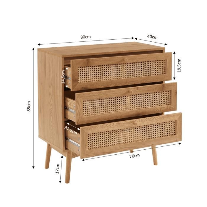Cómoda INES con efecto roble y rejilla de ratán, 3 cajones - Madera