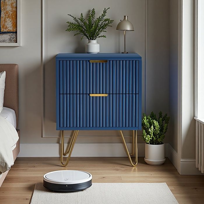 Table de Chevet & Appoint - Bleu Navy - 2 Tiroirs Modulables - Pieds Métalliques Dorés - Design Contemporain