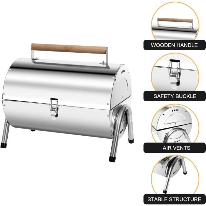 Barbecue Portable 2 en 1 - SunJas - BBQ à Charbon Inox Mini Grill de Table pour Jardin Balcon Voyage Camping - Argent