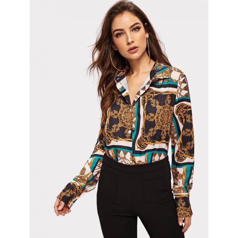 Chemises pour femmes en promotion été/automne, style européen/américain haut de gamme, personnalisables, col en V, imprimées, manches longues