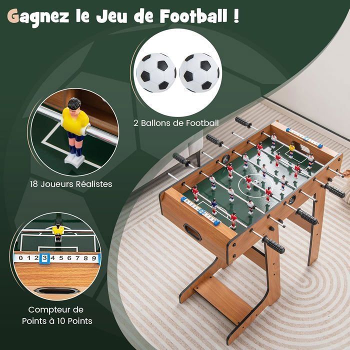 Jeu de Baby-Foot Pliable 69 x 36 x 71 cm COSTWAY-en Bois-18 Joueurs-2 Panneaux de Score,2 Ballons-Table de Jeu pour Adulte/Enfant