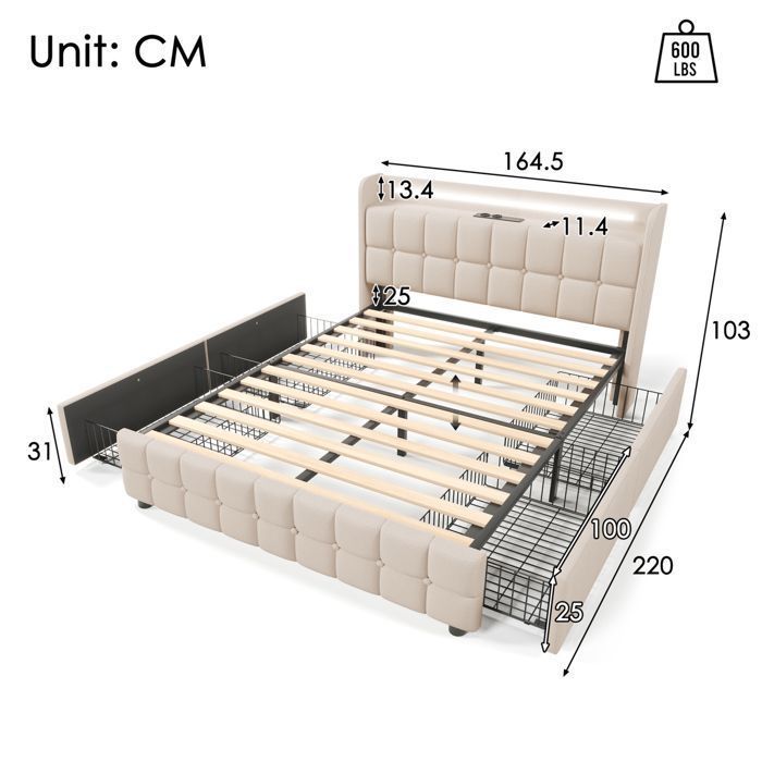 Cama de 160x200 cm con iluminación LED y 4 cajones, cama Queen de 160x200 cm con somier de láminas y puerto USB, cama para adultos en tela de lino, color beige.