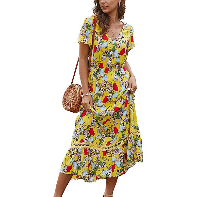 Robe midi fluide à imprimé floral bohème, manches courtes et fente, style bohème, col V.