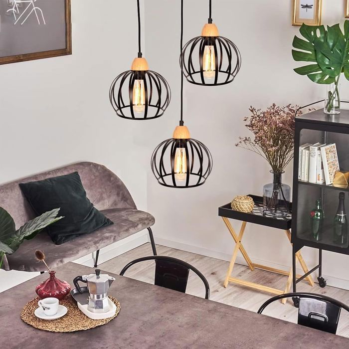 Lámpara colgante vintage - iDEGU - 3 luces - Metal y madera - Negra - E27
