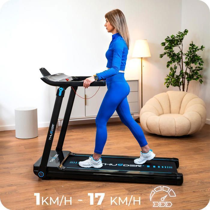 Tapis roulant pieghevole THUNDER® ULTRA-BLACK | Velocità regolabile 1-17 km/h | App Bluetooth | Peso massimo supportato 130 kg | Display a LED | Nero |