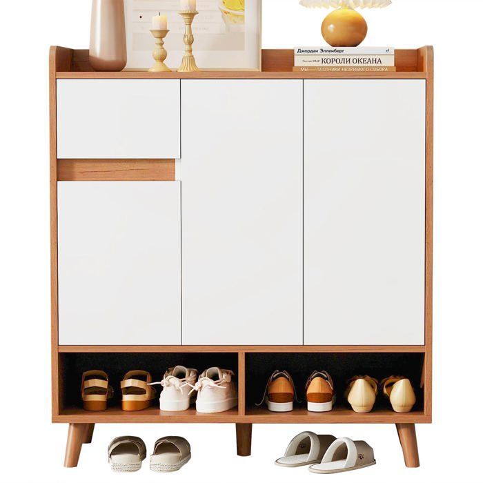 Cómoda/aparador/zapatero blanco y de madera, 90x35x99 cm, con estantes ajustables y patas de madera maciza.