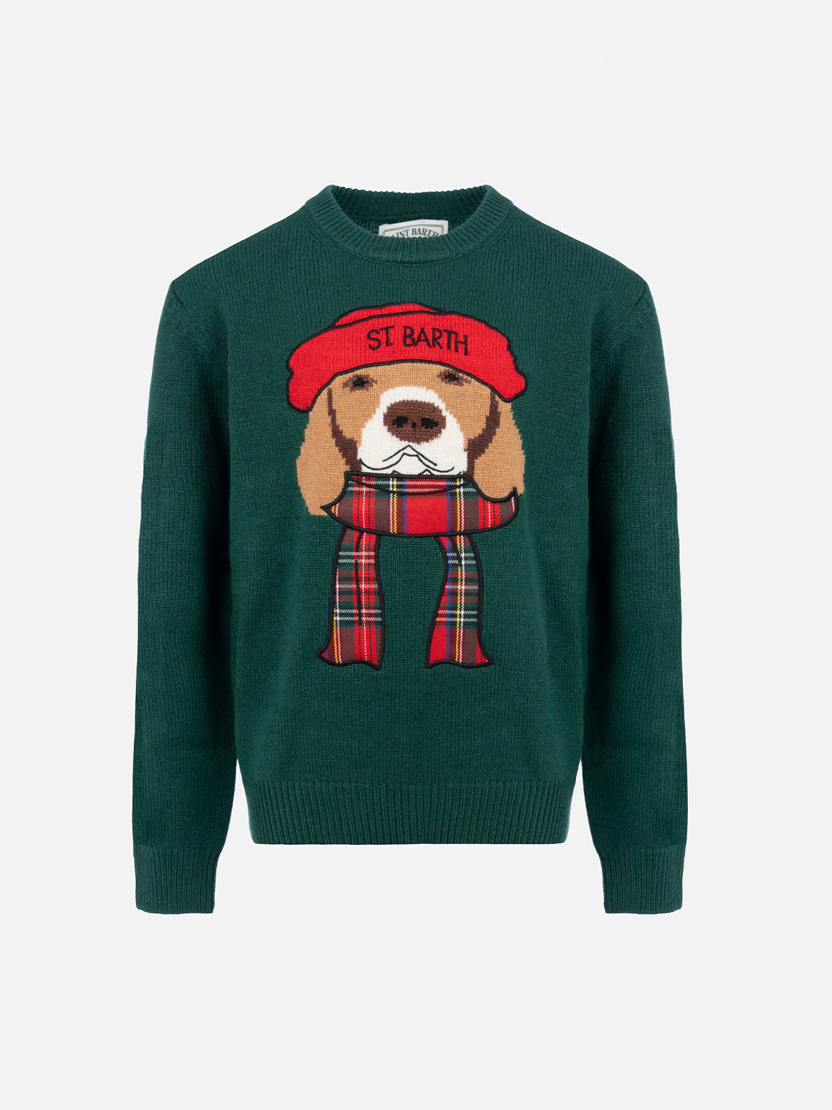 Groene trui met ronde hals voor jongens, inclusief Douglas Beagle-sjaal.