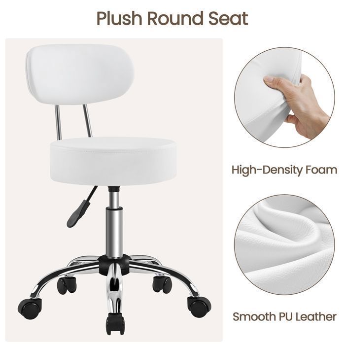 Yaheetech Tabouret Rond à Roulettes Hauteur Réglable 75,5 -85 cm Assise Rembourrée Revêtement en Similicuir, Blanc