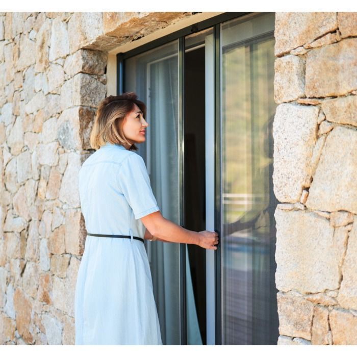 Mosquitera doble para puerta de patio - 240 x 230 cm - Aluminio gris RAL7038 - Recortable - Enrollable - A prueba de insectos