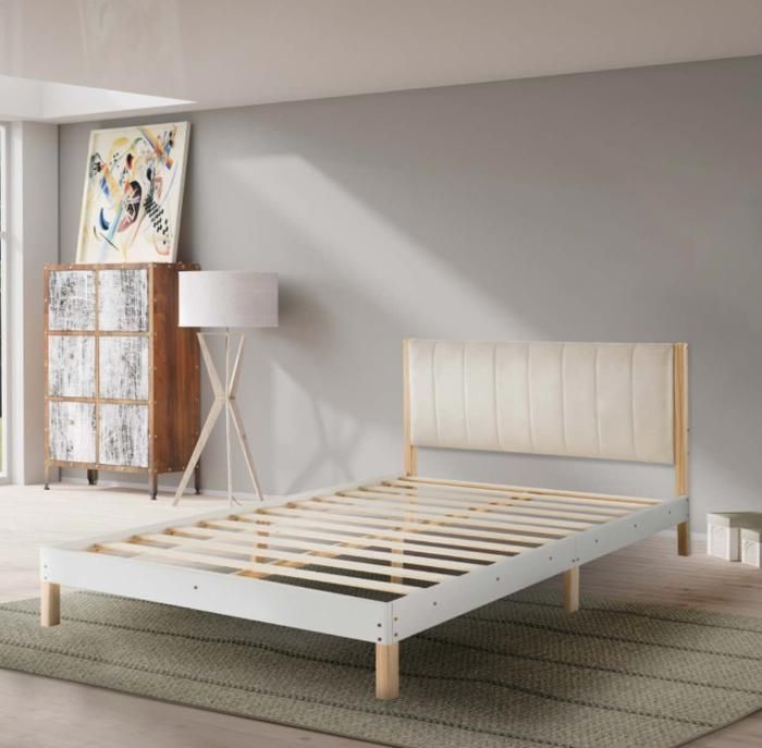 Colchón + Juego de cama doble - 140x190cm - Base de láminas - Cabecero incluido - Blanco