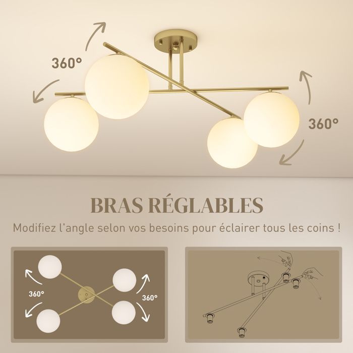 Lámpara de techo - HOMCOM - moderna lámpara de araña de 4 luces con casquillo E14 - montaje semiempotrado - dorado y crema