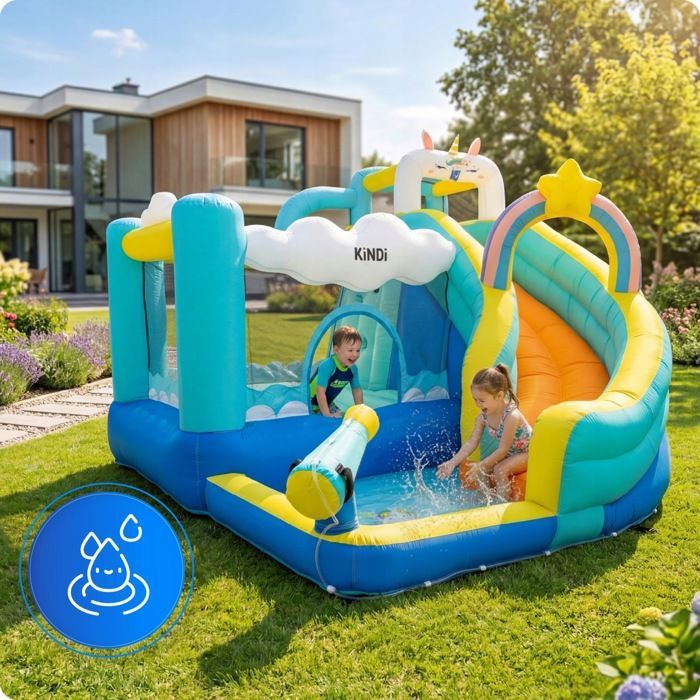 KINDI inflatable water slide for children, bouncy castle play area with cannon and basketball hoop