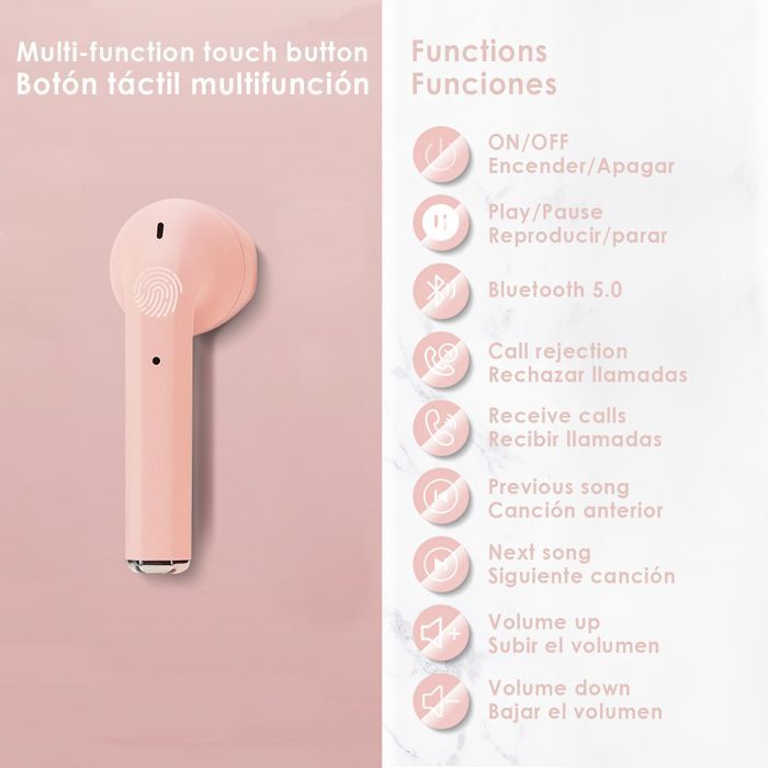 DAM i2 TWS Bluetooth 5.0 Touchscreen-Kopfhörer mit ergonomischem Ladecase. Umgebungsgeräuschunterdrückung. 4,3 x 2,2 x 5,3 cm. Rosa.