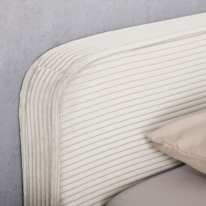 Cama doble CURSIO de 140x190 cm, tapizada en pana color crema, cama para 2 personas, estructura de madera con somier de láminas.
