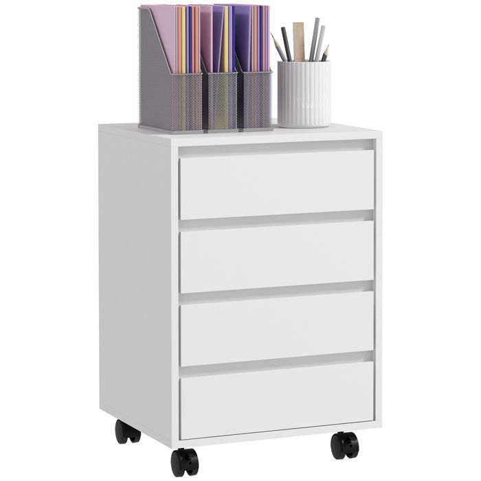 Caisson de bureau - HOMCOM - rangement sur roulettes 4 tiroirs coulissants mobilier travail - bois - aspect bois blanc