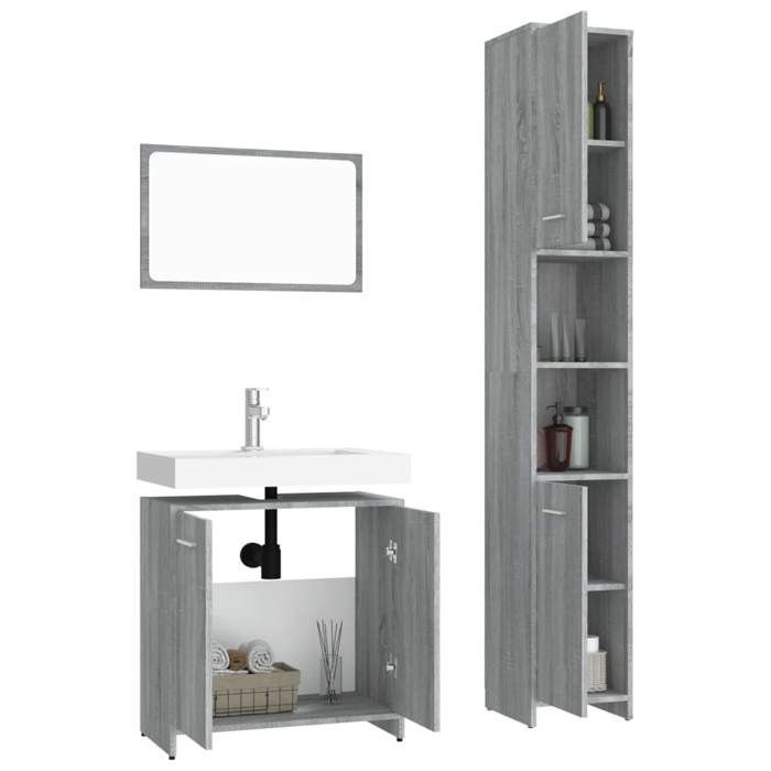 Ensemble de meubles de salle de bain - KALISSE - Sonoma gris - Bois d'ingénierie - Miroir 60x37 cm