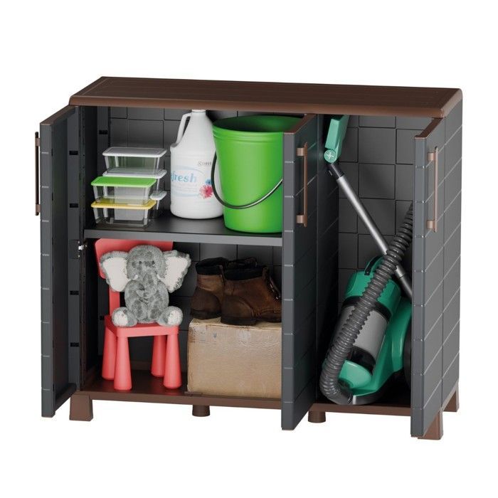Armoire Basse de Rangement 3 portes 1 étagère 20kg max Intérieur Extérieur - Meuble de rangement Anthracite Art Plast