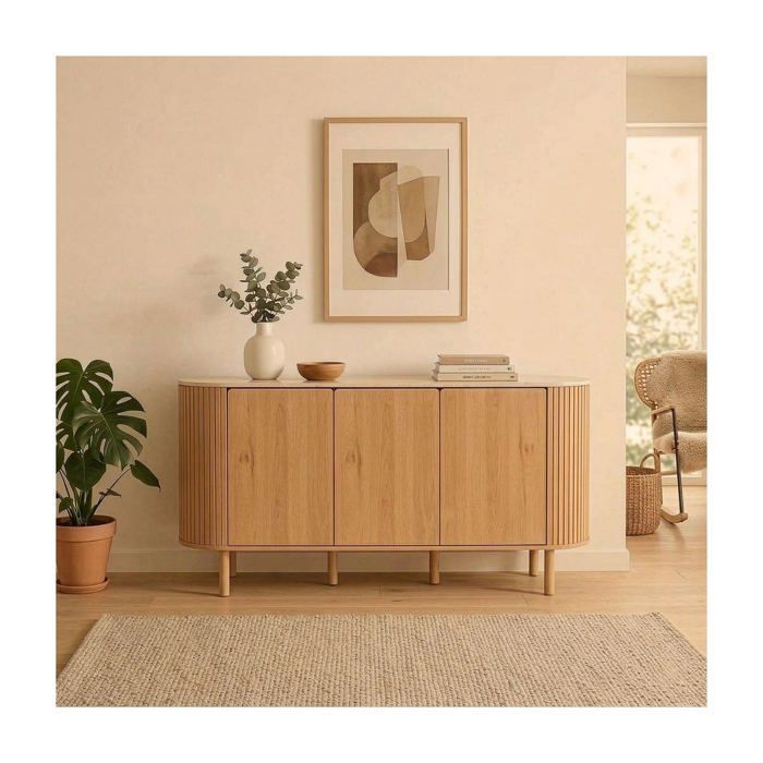 CALICOSY - Buffet 3 portes avec plateau effet travertin L160 cm - HELIOS - Bois clair