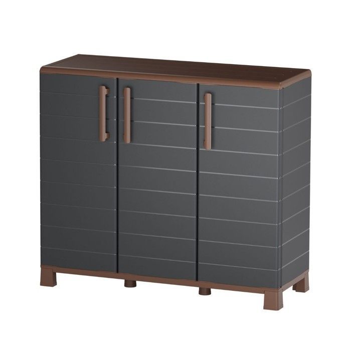 Armoire Basse de Rangement 3 portes 1 étagère 20kg max Intérieur Extérieur - Meuble de rangement Anthracite Art Plast