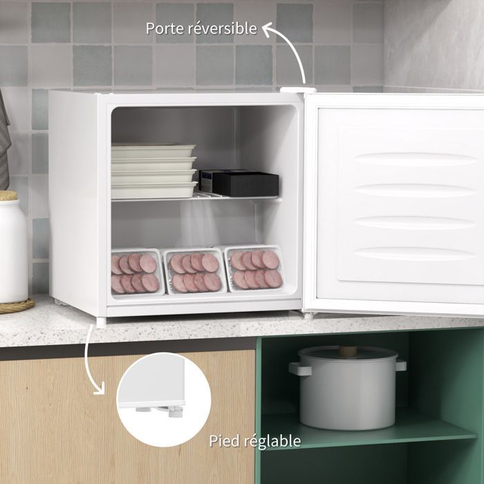 Mini congélateur Température Réglable de -14 à -24°C Compact 35L - étagère Amovible - Porte réversible Classe E Blanc