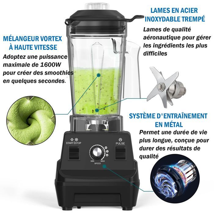 Blender Professionnel 1600W, OUTUOTWQ Blender Smoothie Mixeur Puissant Multifonction 1.8L 6 Lames Plus de 10 Vitesses + Pulse