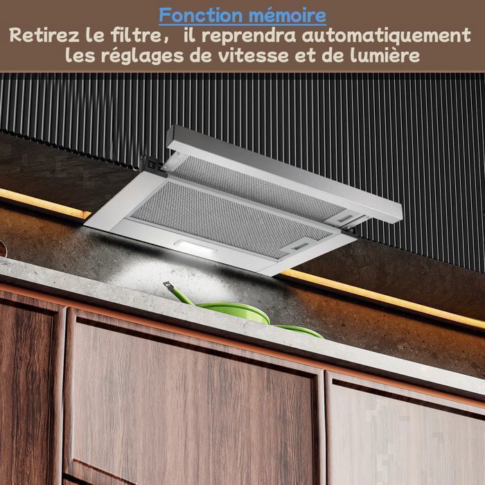 Hotte Aspirante 60cm-hotte -recirculation et évacuation - avec filtre à charbon - 2 vitesses - 620 m³/h - Encastrable- efficacité A