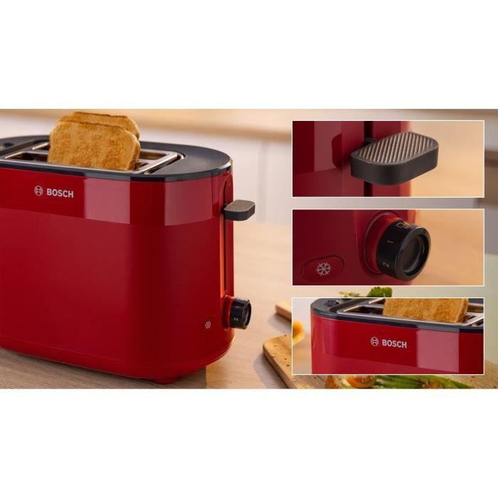 Tostadora - BOSCH - TAT2M124 MyMoment - Roja - 2 rebanadas - centrado automático del pan - funciones de descongelación y recalentamiento