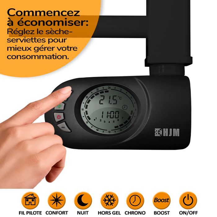Sèche-serviettes électrique à inertie sèche HJM, 500 W, Noor, Noir