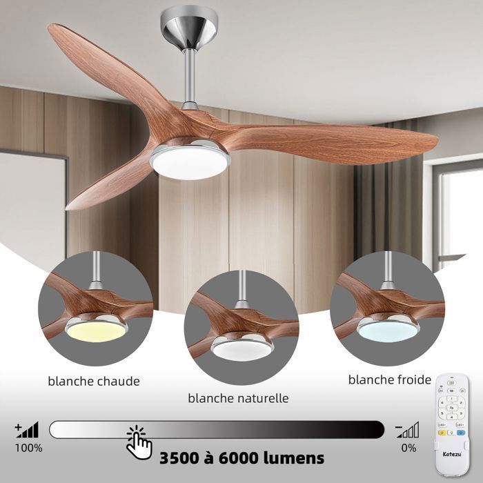 Ventilateur Plafond avec Lumiere,132 cm avec Lumière LED à Intensité Variable, Lames en ABS à Grain de Bois Modernes, Télécommande
