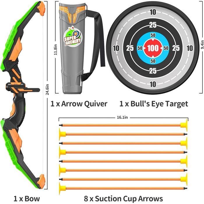 Children's Toy Bow and Arrow Set with LED Light - Includes 1 Bow, Target, Quiver with 8 Suction Cup Arrows