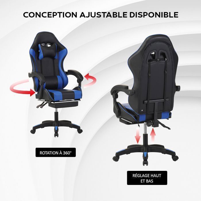 Sedia da gaming - Poggiapiedi telescopico - Poggiatesta - Supporto lombare - Portata massima 150 kg - Blu