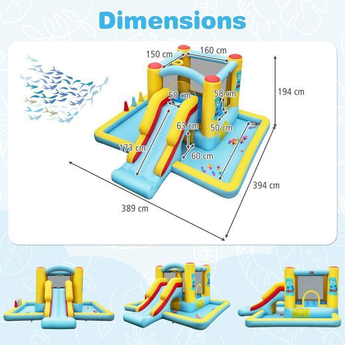 DREAMADE Château Gonflable Enfants avec Toboggan, Zone de Saut, Tunnel, Panier de Basket, Fosse a Balles, Jeu de Lancer d'Anneaux