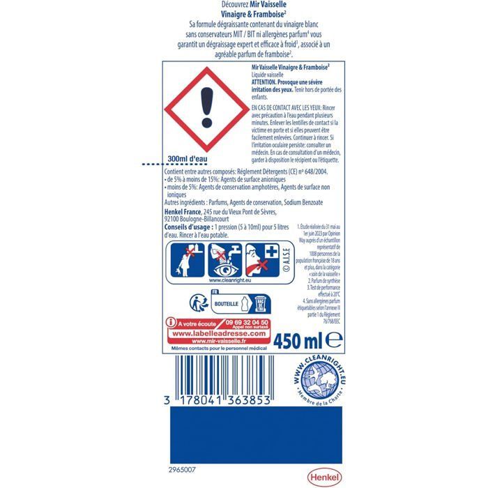 Mir Vaisselle - Vinaigre & Framboise - Dégraissage Expert - Efficace à Froid - 450 ml