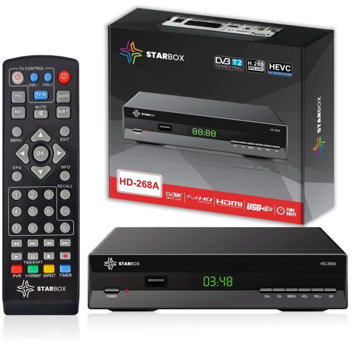Décodeur TNT HD STAR BOX HD-268 DVB-T2 DVB-C Réception de qualité, chaînes gratuites H.265,Full HD 1080p Terrestre USB, HDMI,