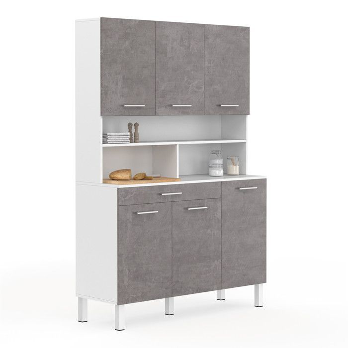 IDMARKET Buffet de cuisine 120 CM CINA 6 portes + tiroir blanc et effet béton