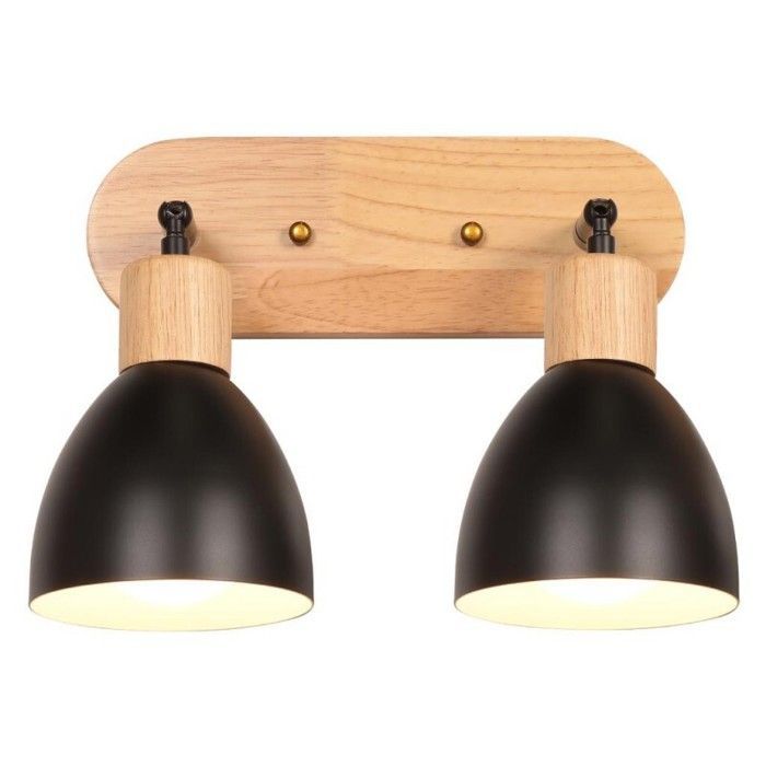 WOTTES 1 unidad Aplique de pared industrial vintage de 2 cabezales, lámpara retro de metal negro y madera, casquillo E27, luminaria para pasillo o restaurante