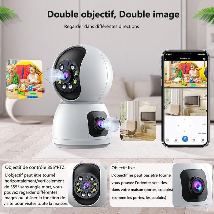 CAMCAMP Trådløst WiFi-overvåkningskamera for innendørs bruk 2MP+2MP Babymonitor med dobbel linse