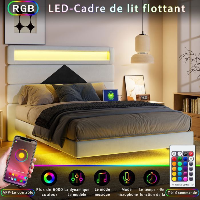 Lit Double 140x190 - Flottant Intelligent - LED RGB - Prise USB - Tête de lit Velours
