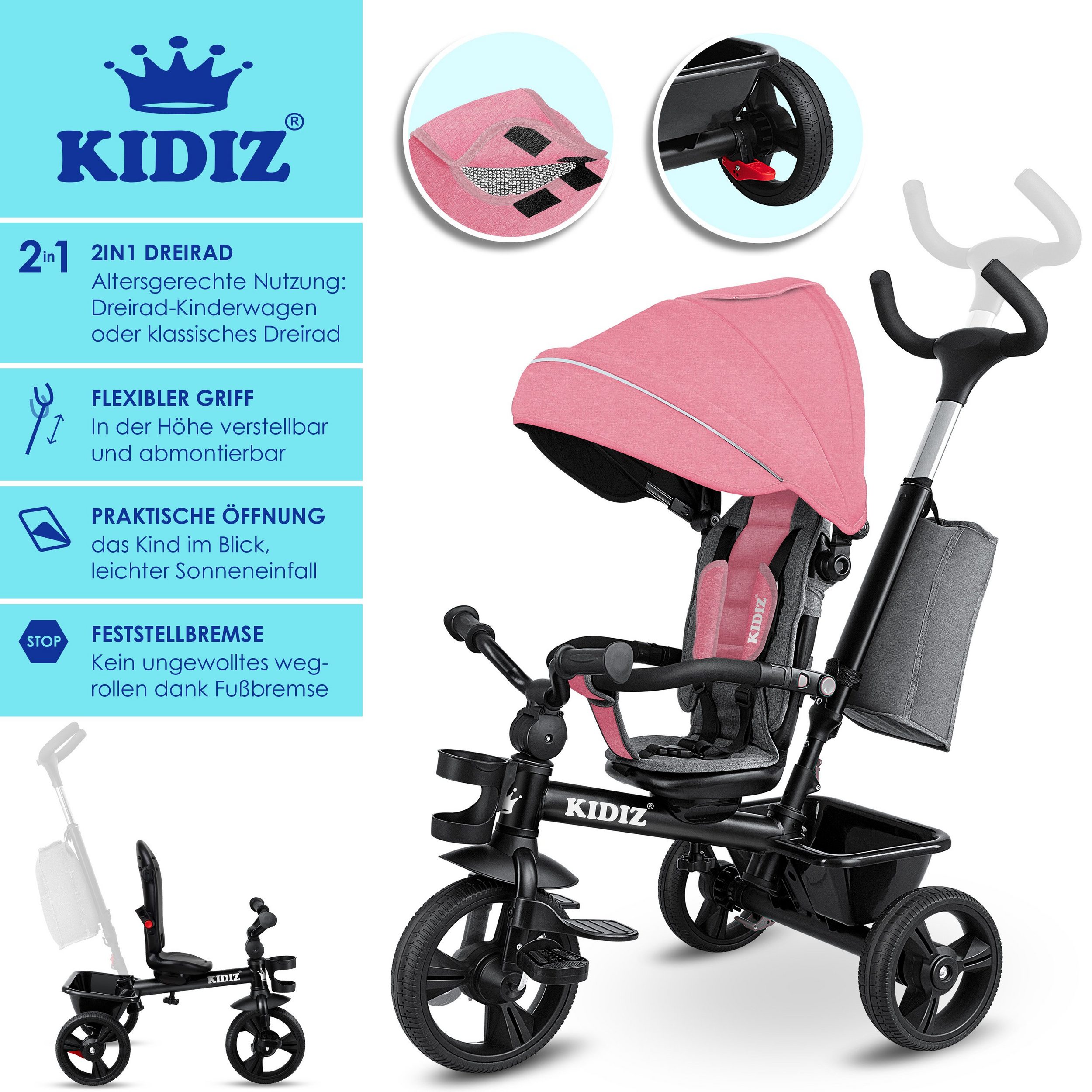 KIDIZ-kolmipyörä, 5-in-1 lasten kolmipyörä työntötangolla ja ohjausjärjestelmällä