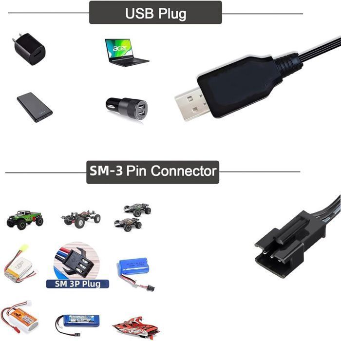 Cable cargador USB universal para coches RC con conector SM-3P para baterías LiPo de 2S y 7,4 V, compatible con coches RC, barcos RC y drones RC.