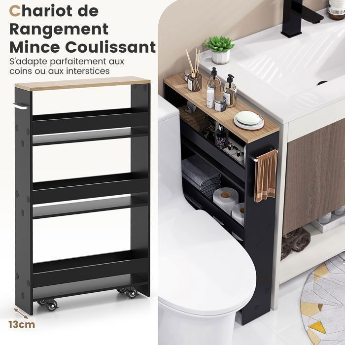 Carrinho de cozinha estreito GIANTEX com rodas e freios - 47,5 x 13 x 80,5 cm - Carrinho de servir com 4 níveis e alça - Preto + Natural