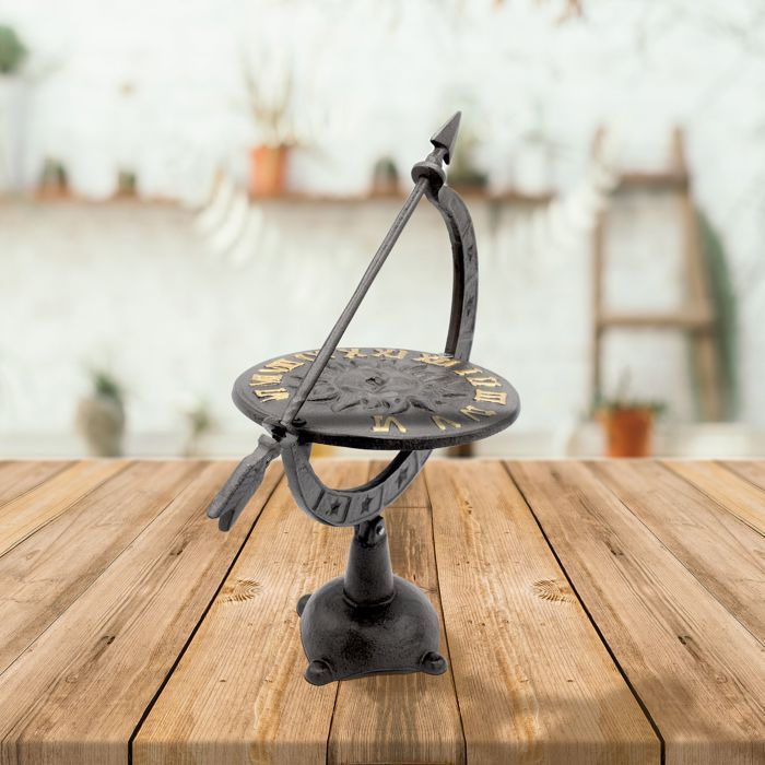 Cadran solaire en fer forgé FISHTEC gnomon chiffres visibles résistant aux intempéries déco jardin à poser ou fixer